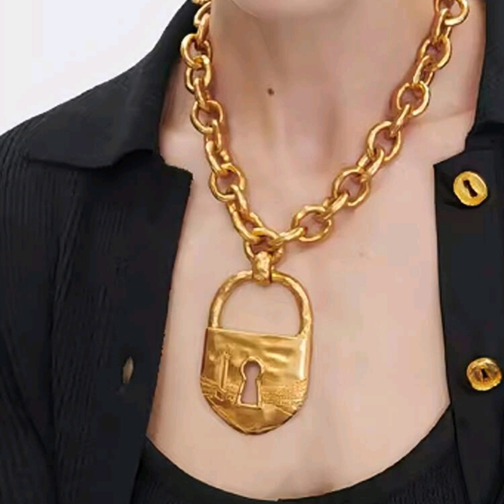 Goldtone Lock Pendant Chain Necklace